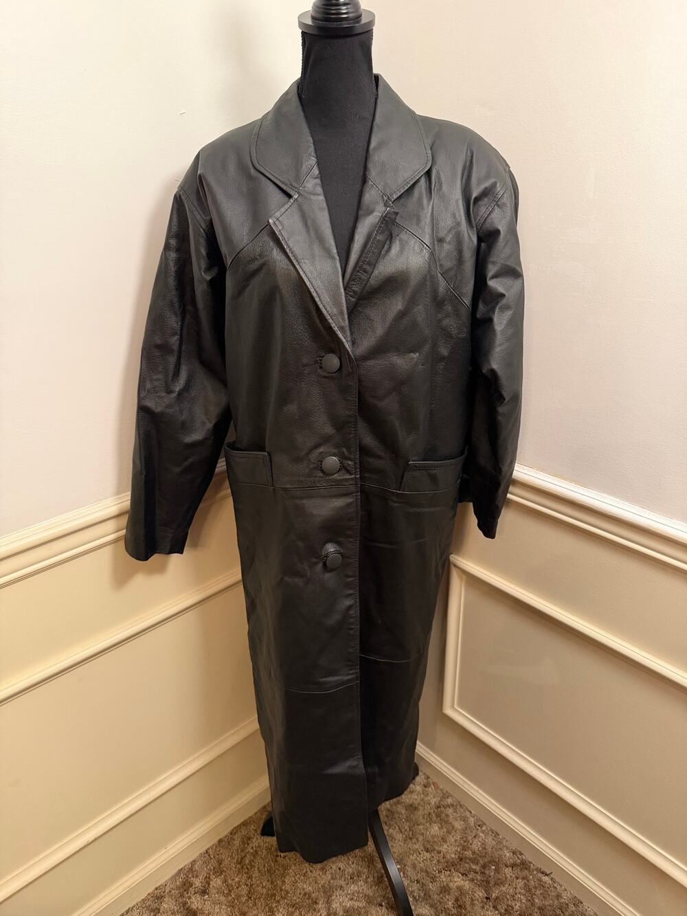 Vintage 80s/90s Full-Length Black Leather Trench Coat Duster Jacket Minimalist